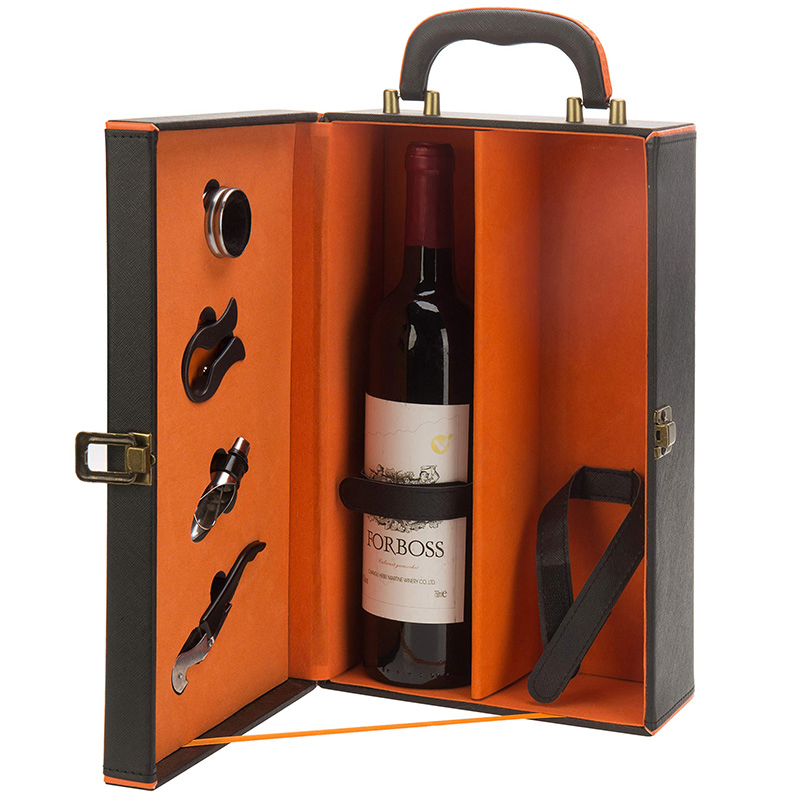 Custom Logo Printing 2 Bottles Luxury Leather Wine Packaging Box with Accessories