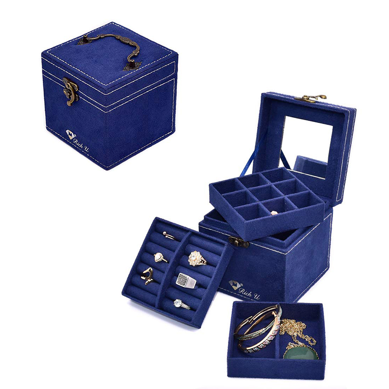 Blue Women Jewelry Box with Lock for Ring Earring Necklace