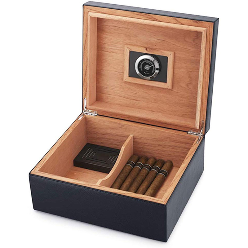 Cigar Box, Handmade Desktop Cigar Humidor with PU Leather Surface for 25-50 Cigars, Cedar Wood Lined Cigar Storage Box with Humidifier and Hygrometer