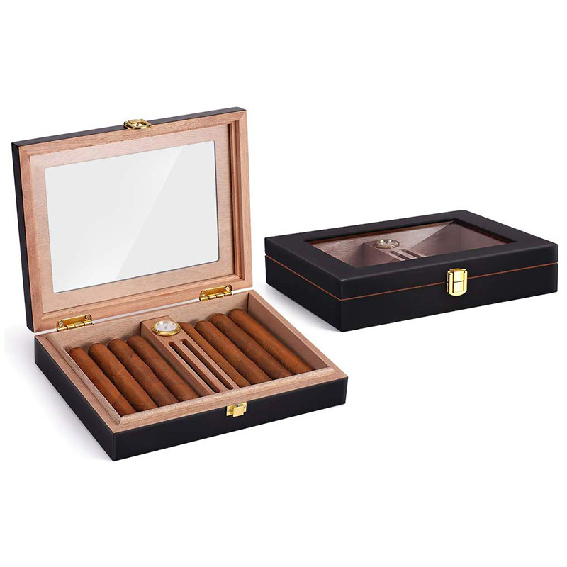 High Gloss Cigar Humidor Cigar Box for 10-15 Cigars, Cedar Wood Cigar Box, Desktop Humidors with Luxury Hygrometer and Humidifier