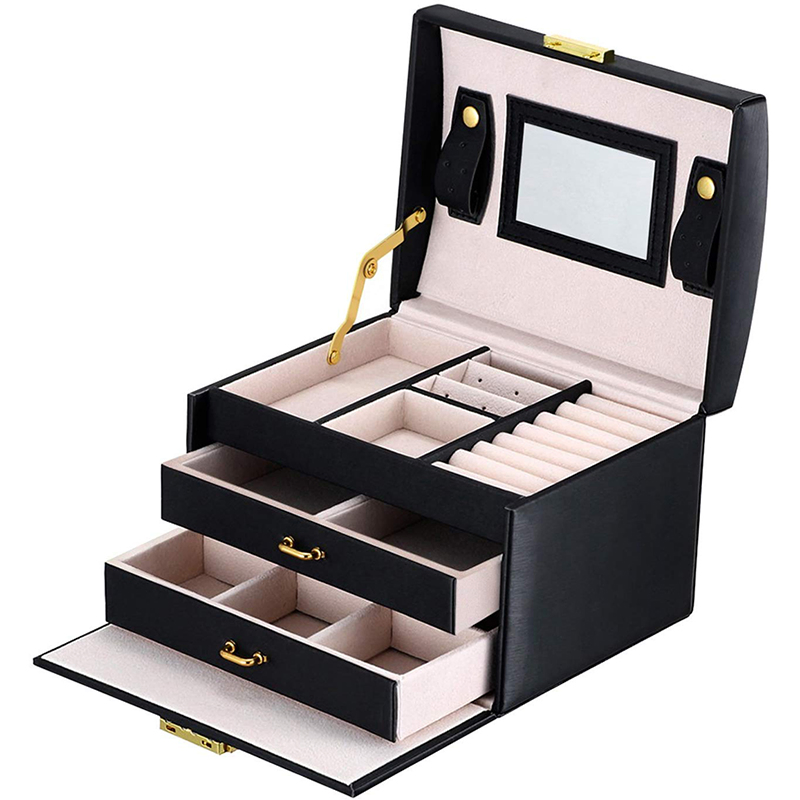 Fashion Ladies Leather Wrapped Black Gift Jewelry Box with Mirror for Travel