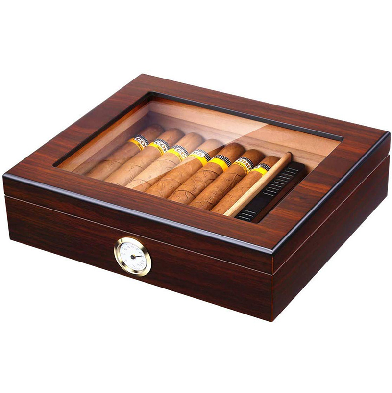 Handmade Cigar Humidor, Cedar Cigar Desktop Box with Humidifier and Hygrometer, Glass Top for 25 Cigars (20-25 Cigars)