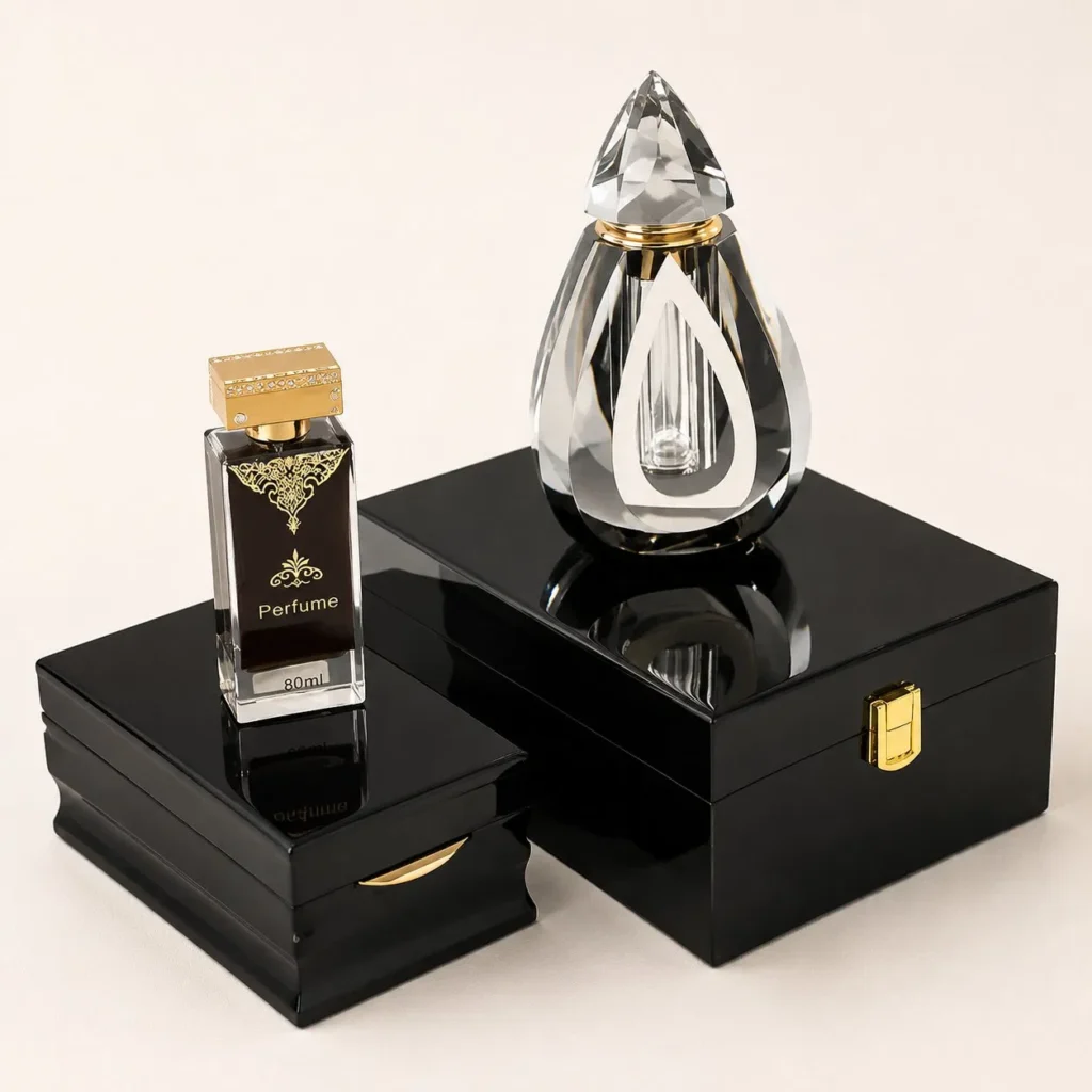 Factory Luxury Custom Logo Wooden Box Gift Cosmetics Atal Oud Oil Perfume Box Hinge