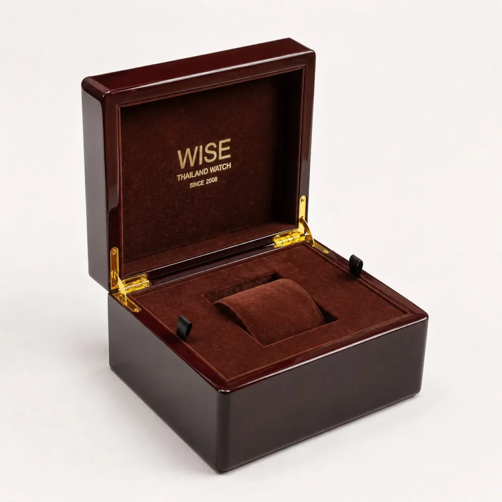 Luxury Wooden Watch Presentation Box with Brown Velvet Interior Custom Logo Premium Display Gift Packaging Case