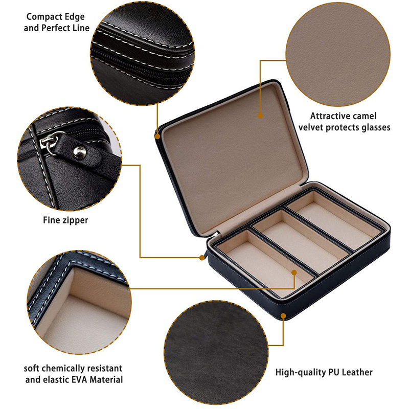 3 Slots Sunglasses Organizer PU Leather Storage Box Travel Jewelry Display Case Watch Box