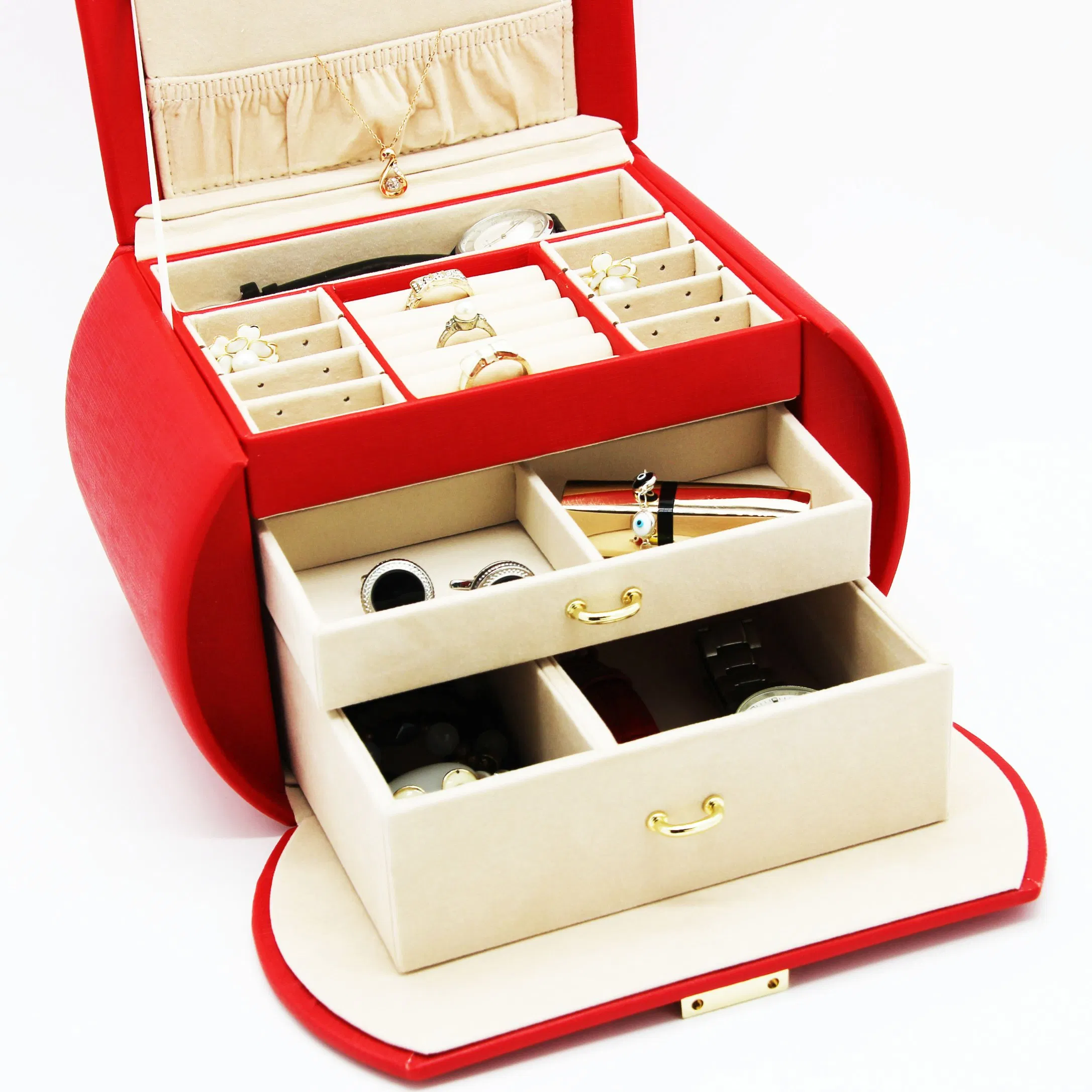 Fashion Red PU Leather Handle Gold Lock Lock Jewelry Box for Gift