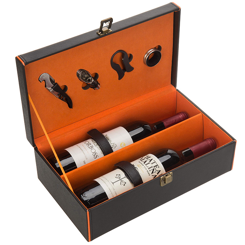Custom Logo Printing 2 Bottles Luxury Leather Wine Packaging Box with Accessories