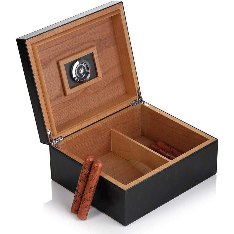 Cigar Box, Handmade Desktop Cigar Humidor with PU Leather Surface for 25-50 Cigars, Cedar Wood Lined Cigar Storage Box with Humidifier and Hygrometer