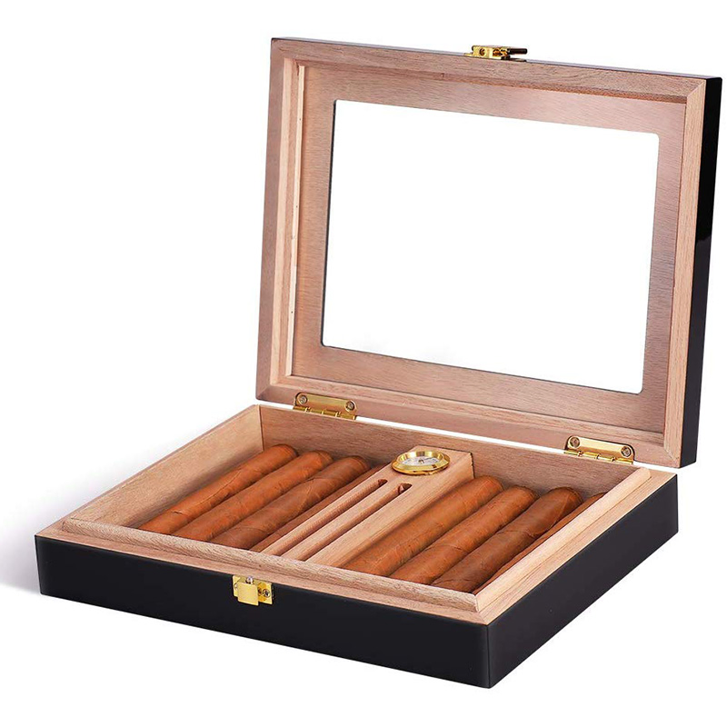 High Gloss Cigar Humidor Cigar Box for 10-15 Cigars, Cedar Wood Cigar Box, Desktop Humidors with Luxury Hygrometer and Humidifier