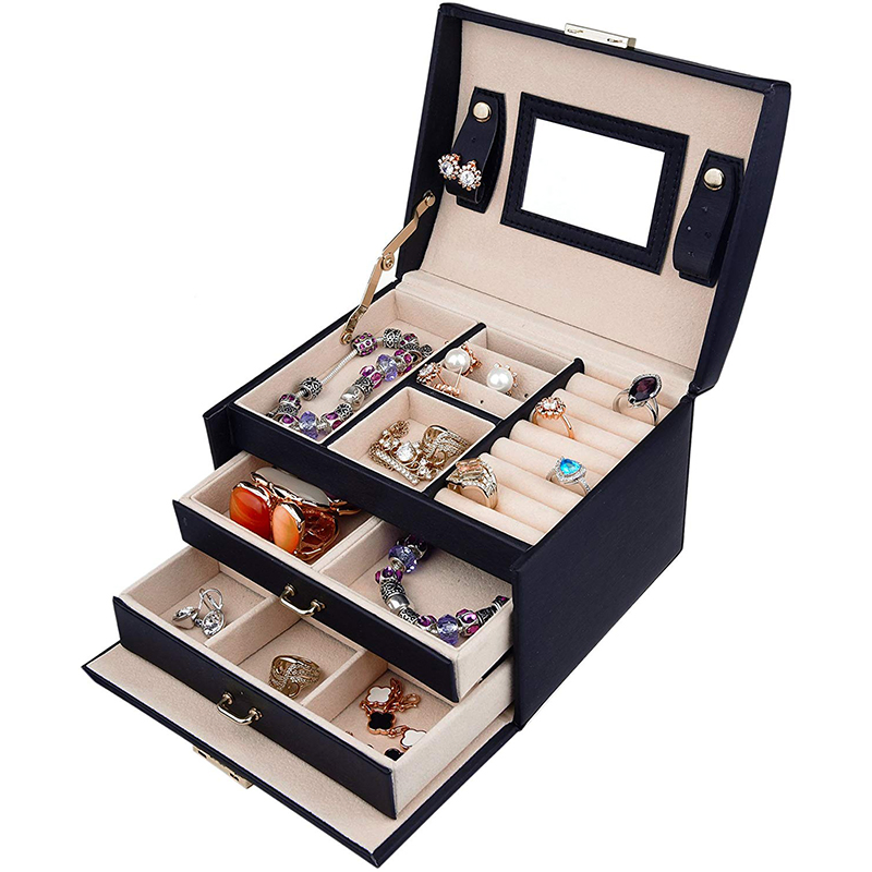 Fashion Ladies Leather Wrapped Black Gift Jewelry Box with Mirror for Travel