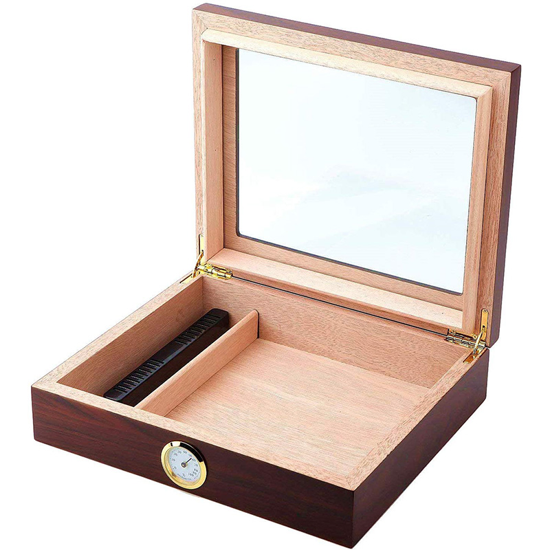 Handmade Cigar Humidor, Cedar Cigar Desktop Box with Humidifier and Hygrometer, Glass Top for 25 Cigars (20-25 Cigars)