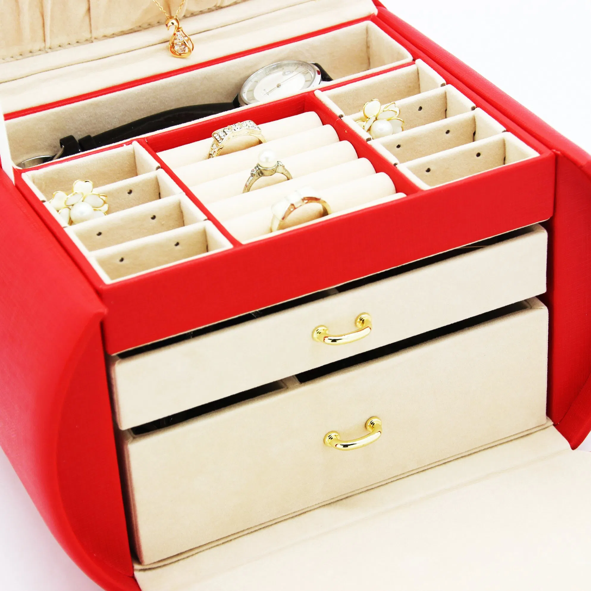 Fashion Red PU Leather Handle Gold Lock Lock Jewelry Box for Gift