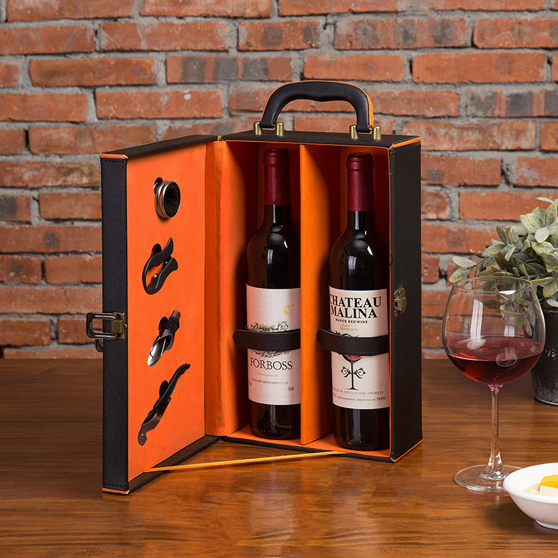 Custom Logo Printing 2 Bottles Luxury Leather Wine Packaging Box with Accessories