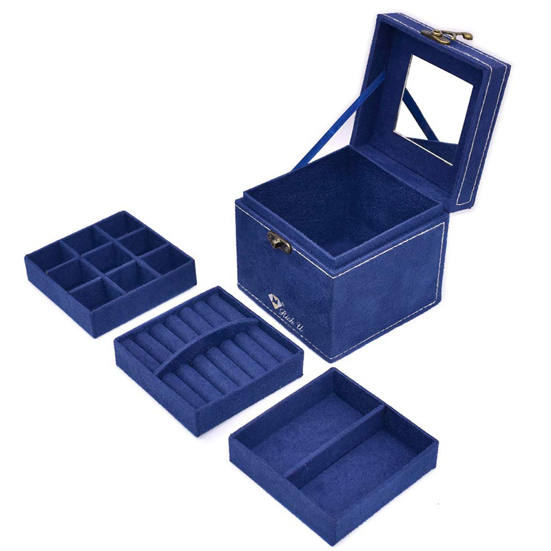 Blue Women Jewelry Box with Lock for Ring Earring Necklace
