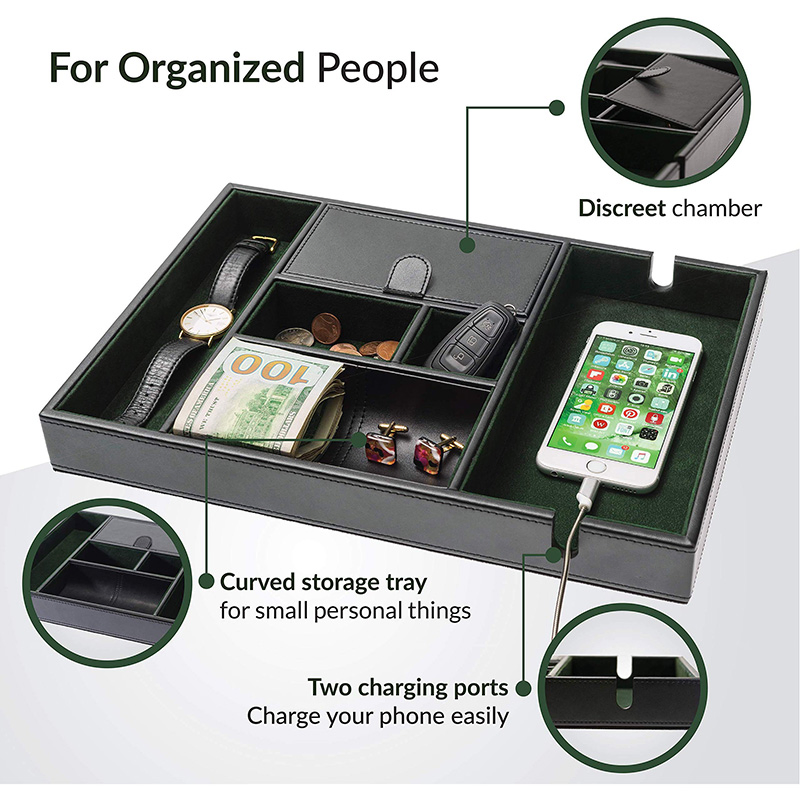 Leather Storage Box for Charging Station/EDC Dressing Table/Jewelry Accessories/Watch/Key/Wallet