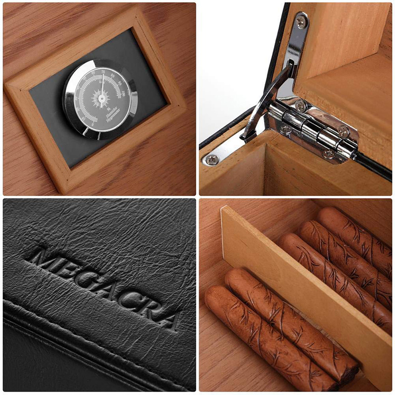 Cigar Box, Handmade Desktop Cigar Humidor with PU Leather Surface for 25-50 Cigars, Cedar Wood Lined Cigar Storage Box with Humidifier and Hygrometer