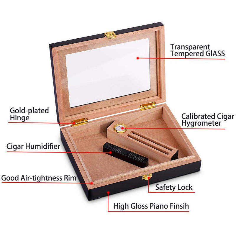 High Gloss Cigar Humidor Cigar Box for 10-15 Cigars, Cedar Wood Cigar Box, Desktop Humidors with Luxury Hygrometer and Humidifier