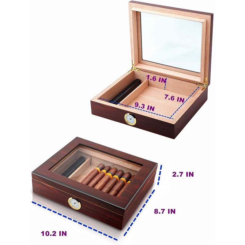Handmade Cigar Humidor, Cedar Cigar Desktop Box with Humidifier and Hygrometer, Glass Top for 25 Cigars (20-25 Cigars)
