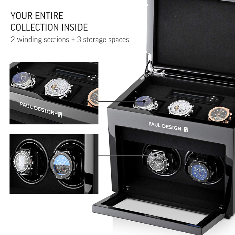High End Luxury Black High Gloss Watch Winder Box with 2 Windering 3 Storages