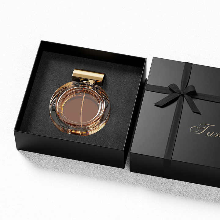 Customized Black Cardboard Paper Perfume Box, Gift Box with Top and Lid, Ribbon and Sponge Empty Perfume Oil Box