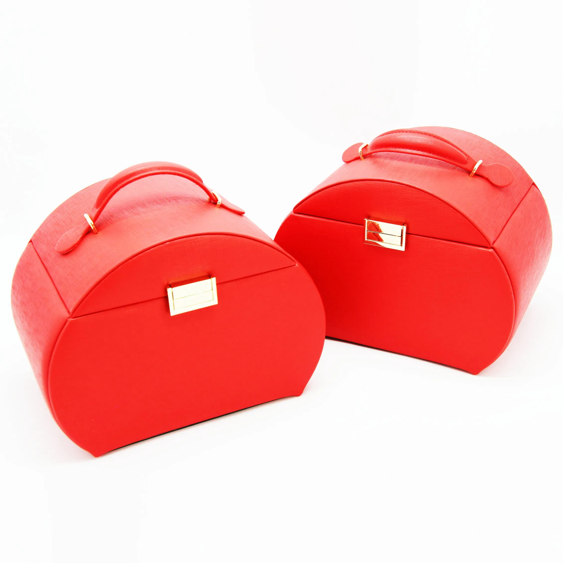 Fashion Red PU Leather Handle Gold Lock Lock Jewelry Box for Gift