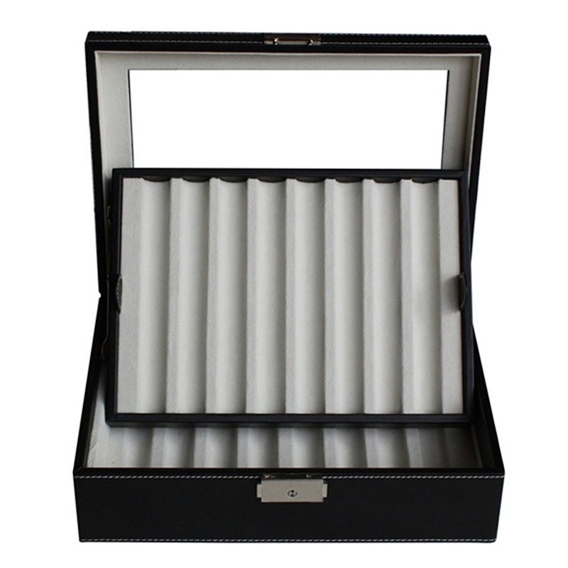 OEM Luxury Black Leather Transparent Top Rectangular Pen Display Box
