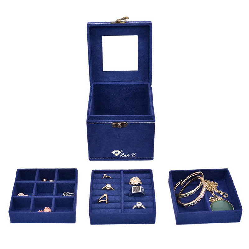 Blue Women Jewelry Box with Lock for Ring Earring Necklace