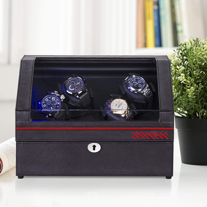 Brown Leather Automatic Watch Winder Box with 4 Winding 4 Storage