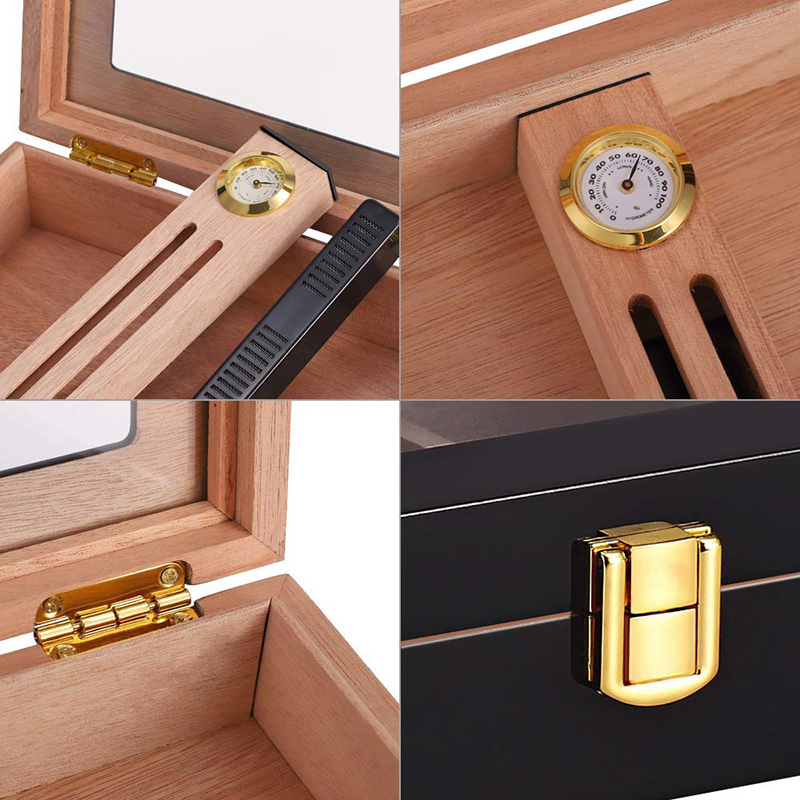 High Gloss Cigar Humidor Cigar Box for 10-15 Cigars, Cedar Wood Cigar Box, Desktop Humidors with Luxury Hygrometer and Humidifier