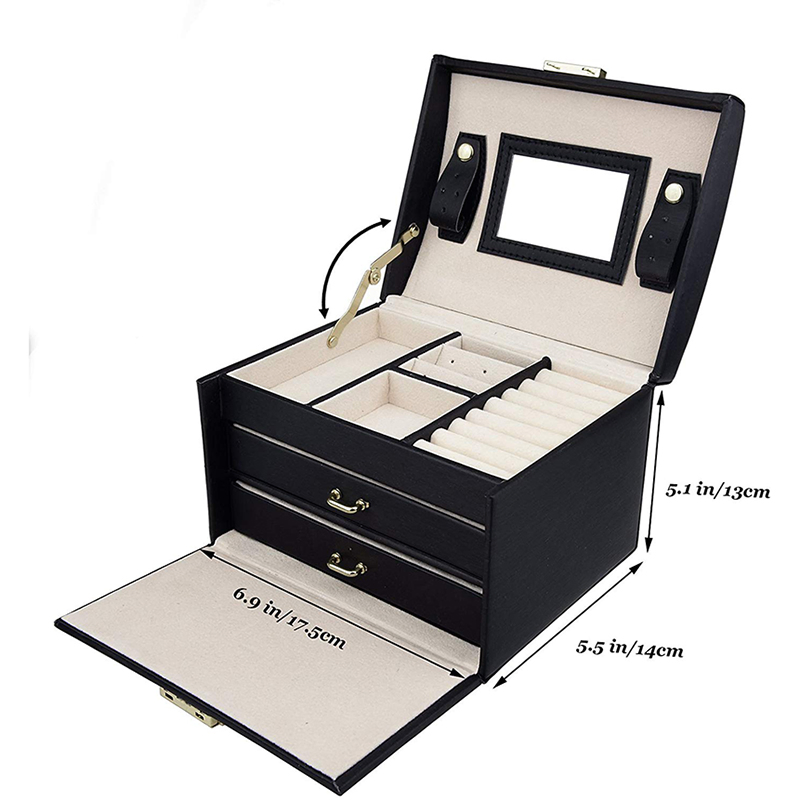 Fashion Ladies Leather Wrapped Black Gift Jewelry Box with Mirror for Travel