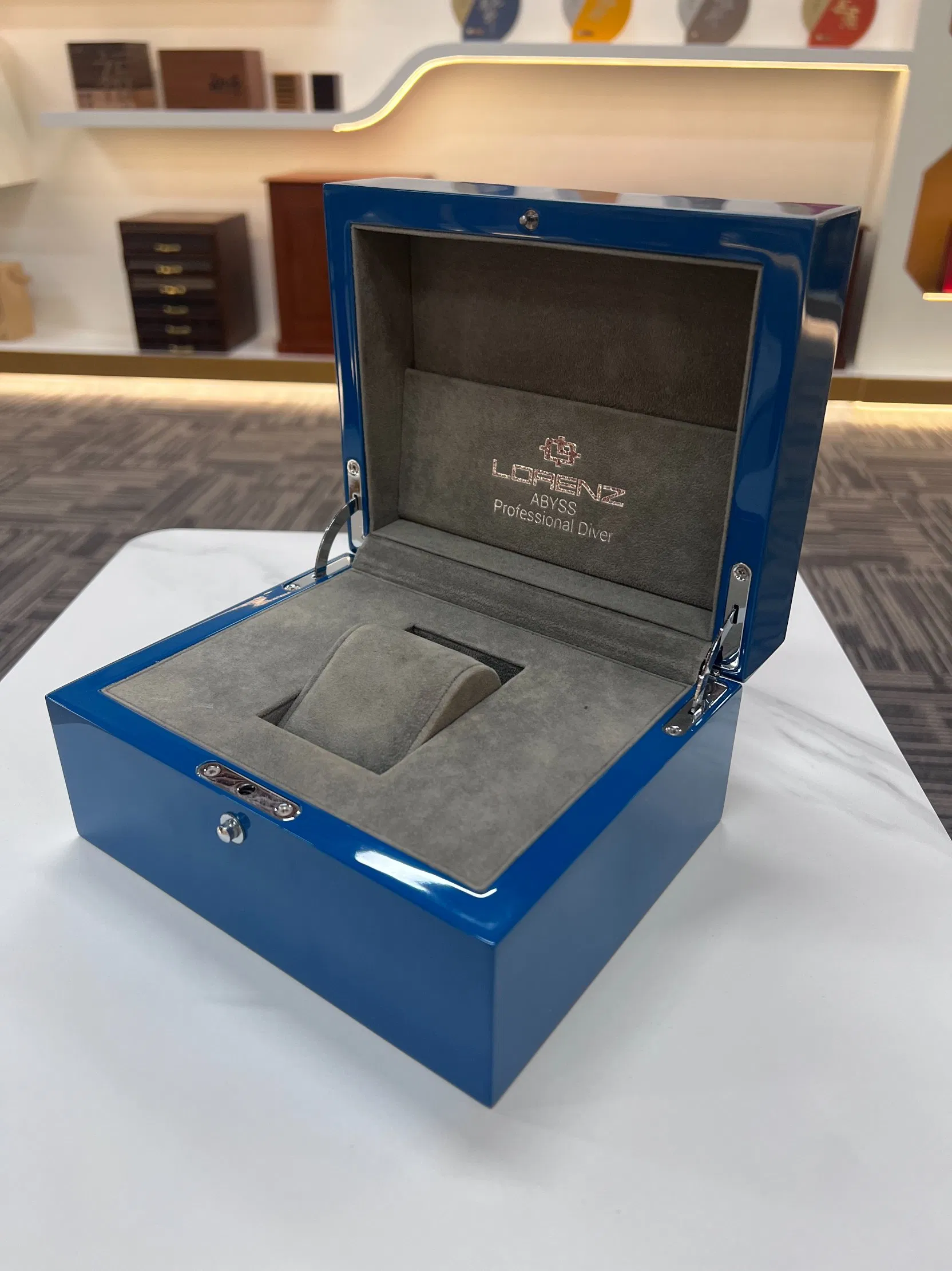 Luxury Blue Wooden Watch Box Single Display Case with Velvet Interior for Premium Timepiece Packaging