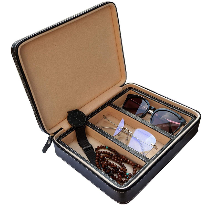 3 Slots Sunglasses Organizer PU Leather Storage Box Travel Jewelry Display Case Watch Box