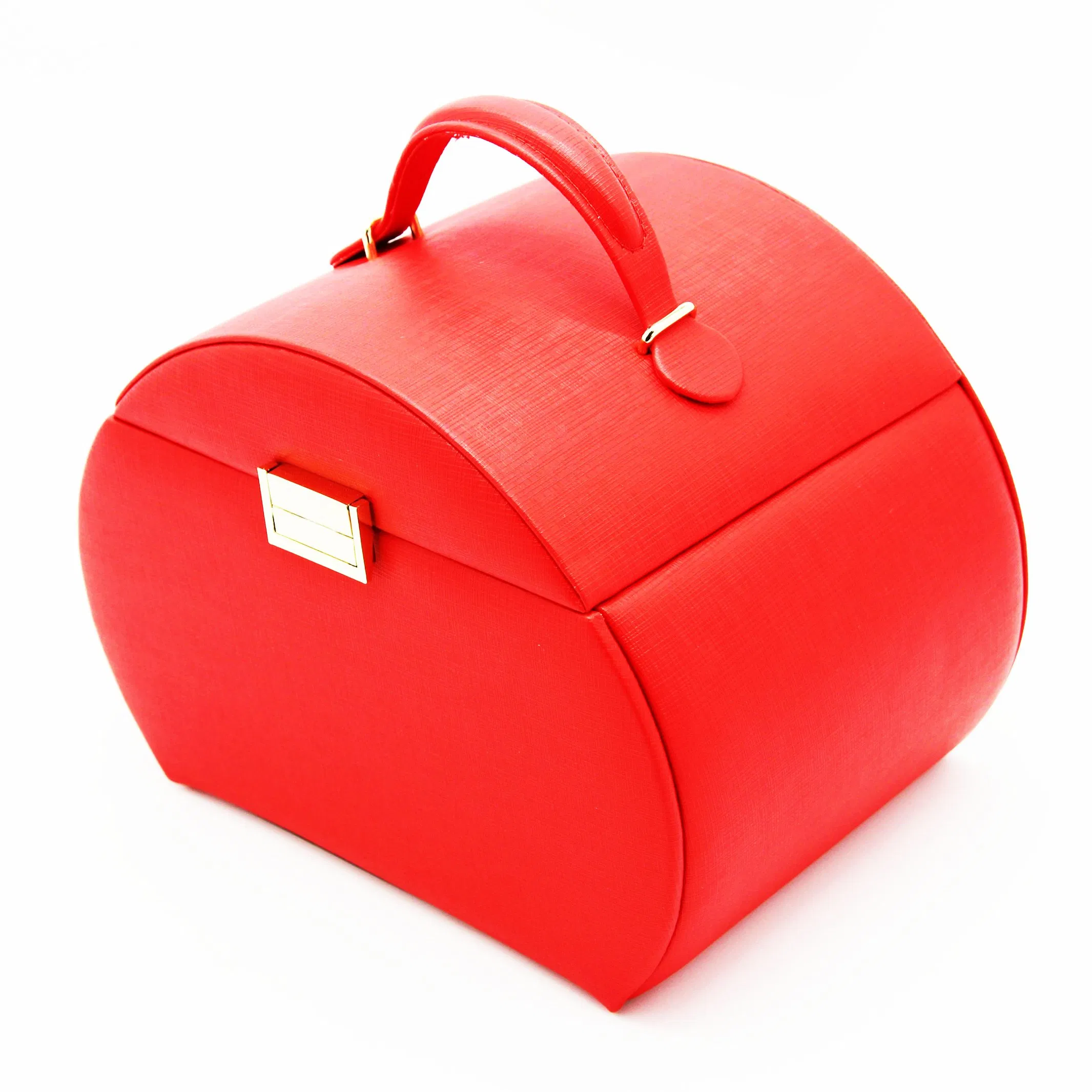 Fashion Red PU Leather Handle Gold Lock Lock Jewelry Box for Gift