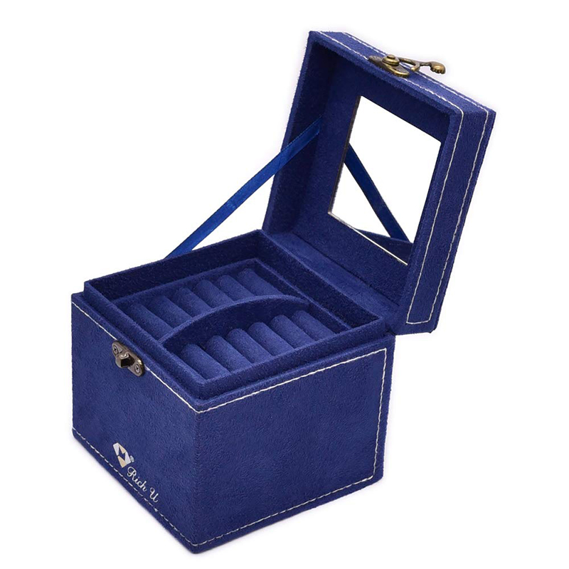 Blue Women Jewelry Box with Lock for Ring Earring Necklace