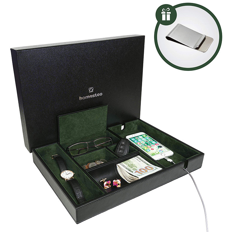 Leather Storage Box for Charging Station/EDC Dressing Table/Jewelry Accessories/Watch/Key/Wallet