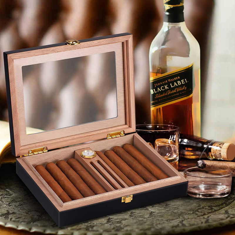 High Gloss Cigar Humidor Cigar Box for 10-15 Cigars, Cedar Wood Cigar Box, Desktop Humidors with Luxury Hygrometer and Humidifier