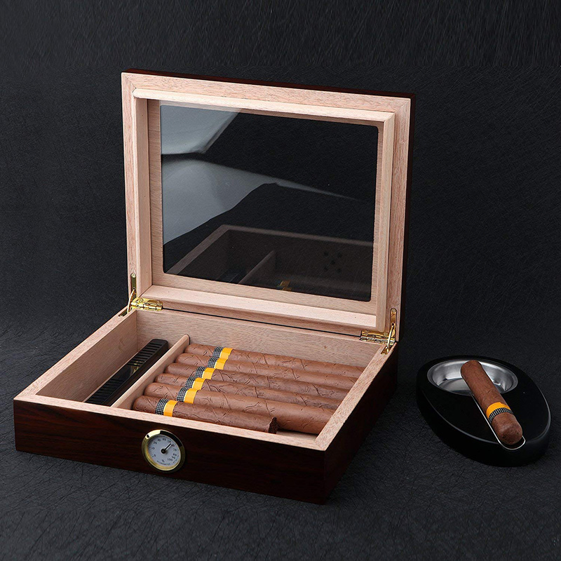Handmade Cigar Humidor, Cedar Cigar Desktop Box with Humidifier and Hygrometer, Glass Top for 25 Cigars (20-25 Cigars)