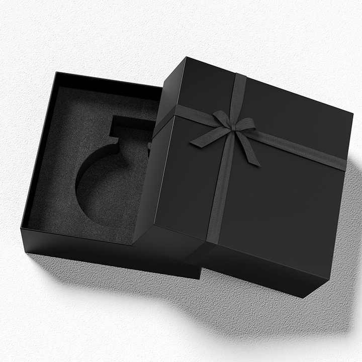 Customized Black Cardboard Paper Perfume Box, Gift Box with Top and Lid, Ribbon and Sponge Empty Perfume Oil Box