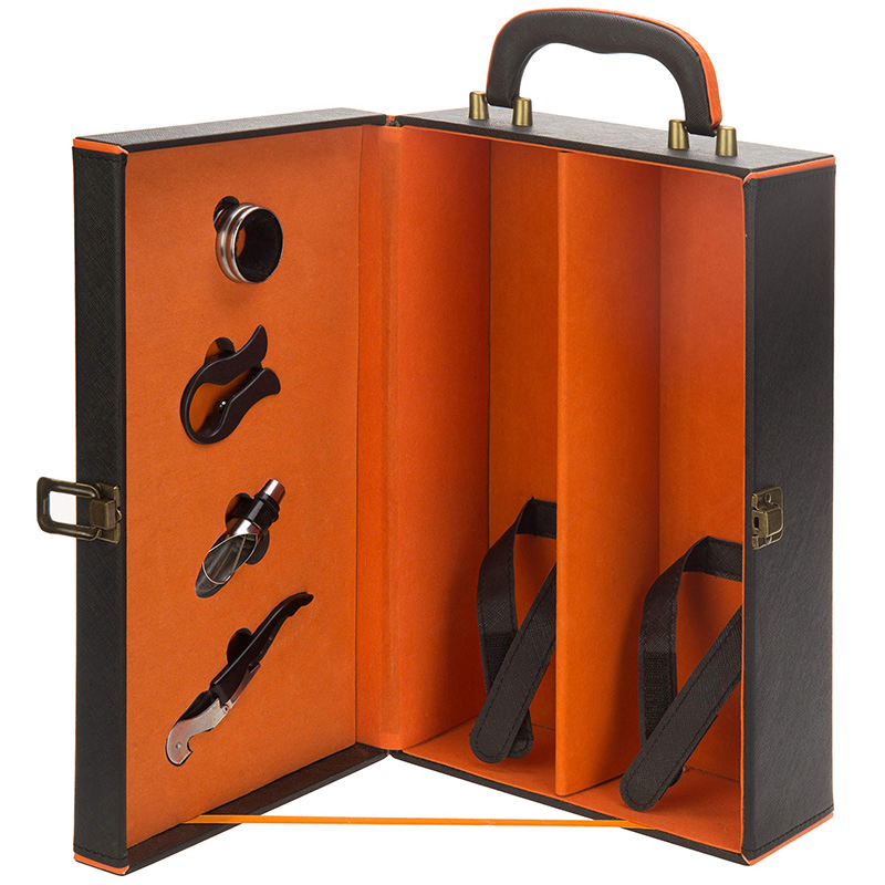 Custom Logo Printing 2 Bottles Luxury Leather Wine Packaging Box with Accessories
