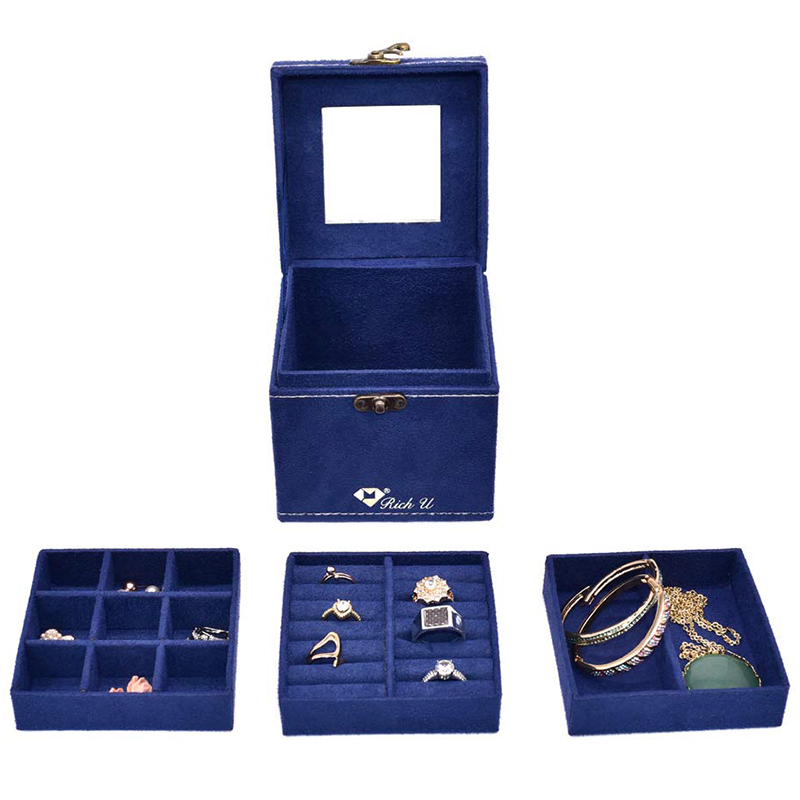Blue Women Jewelry Box with Lock for Ring Earring Necklace