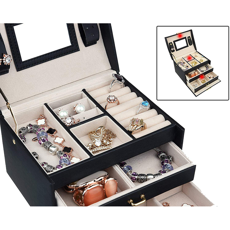 Fashion Ladies Leather Wrapped Black Gift Jewelry Box with Mirror for Travel