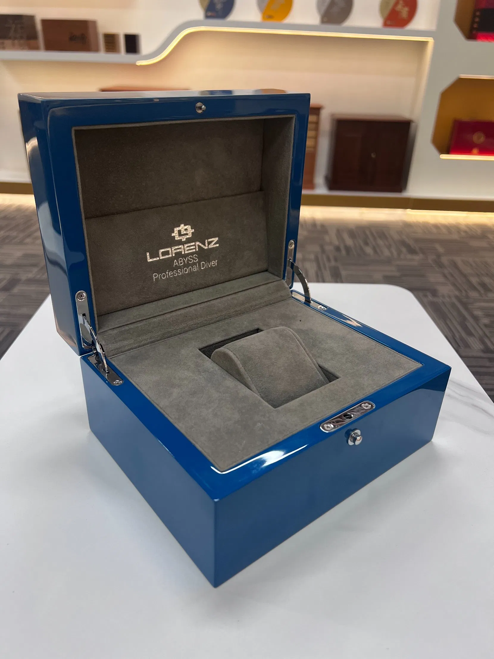 Luxury Blue Wooden Watch Box Single Display Case with Velvet Interior for Premium Timepiece Packaging
