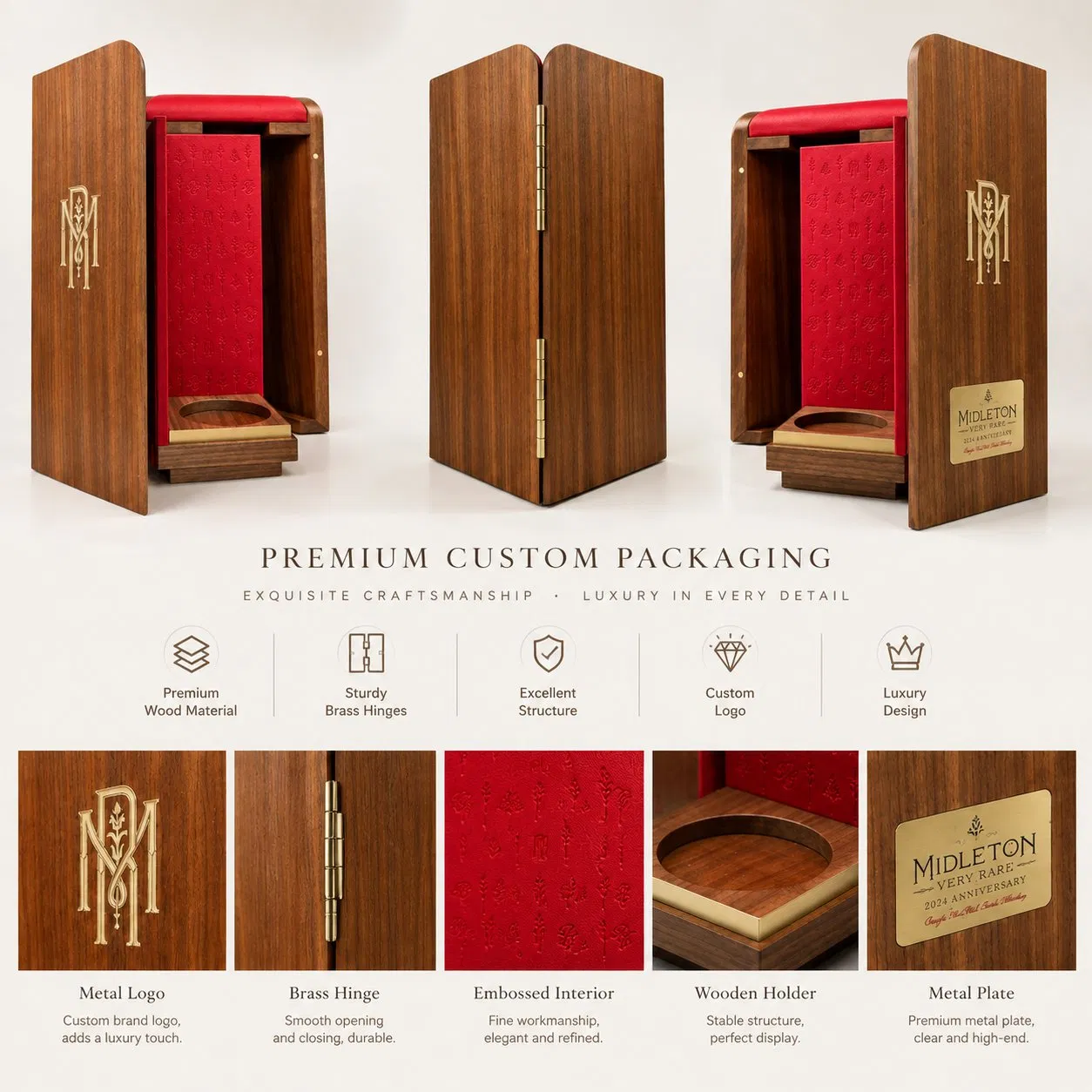 Luxury Custom Wine Wooden Box Premium Gift Packaging Personalized Wood Design for Whiskey Bottle Display