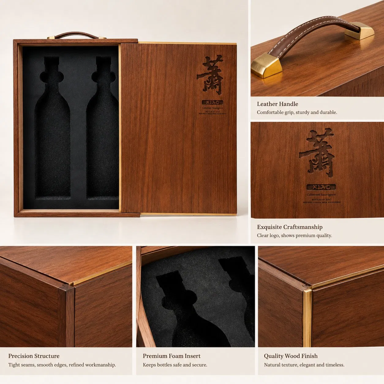 Luxury Wooden Wine Gift Box Custom Double Bottle Packaging Case with Premium Walnut Wood Finish